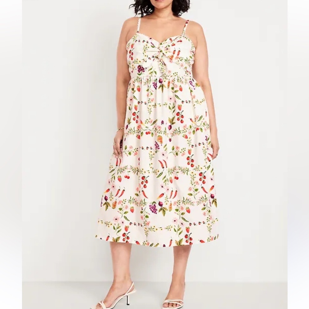 Old Navy White Green Fruits Floral Tie Front Smocked Sleeveless Midi Dress Sz 2X - Picture 2 of 16